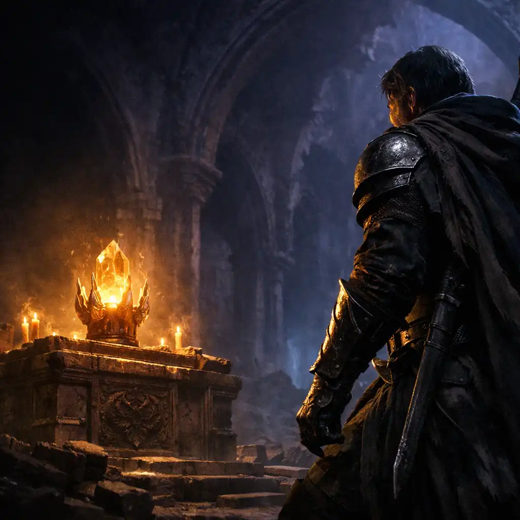 A cloaked warrior beside a glowing relic altar in a vaulted ruin