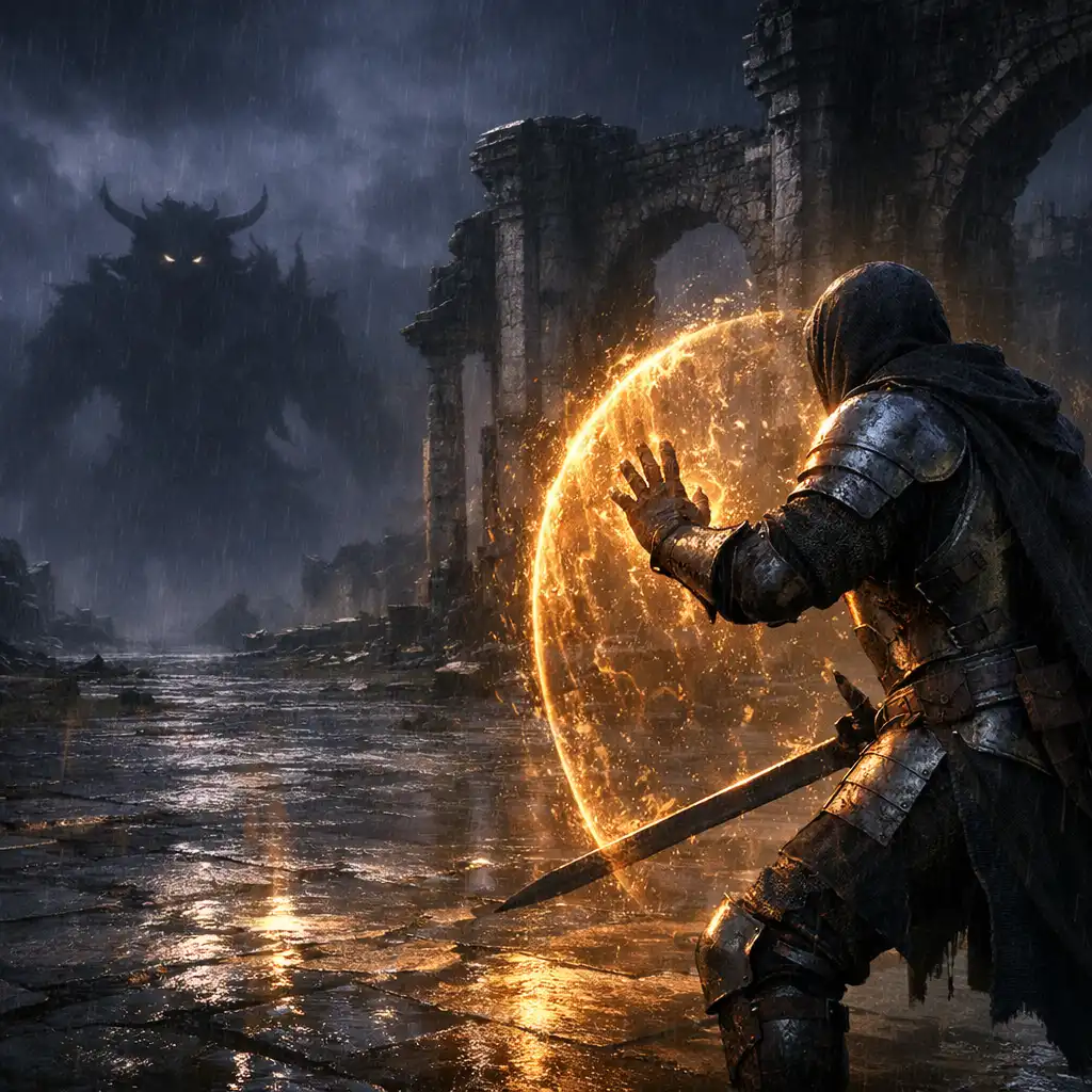 An armored fighter raising an amber ward in a rain-dark courtyard.