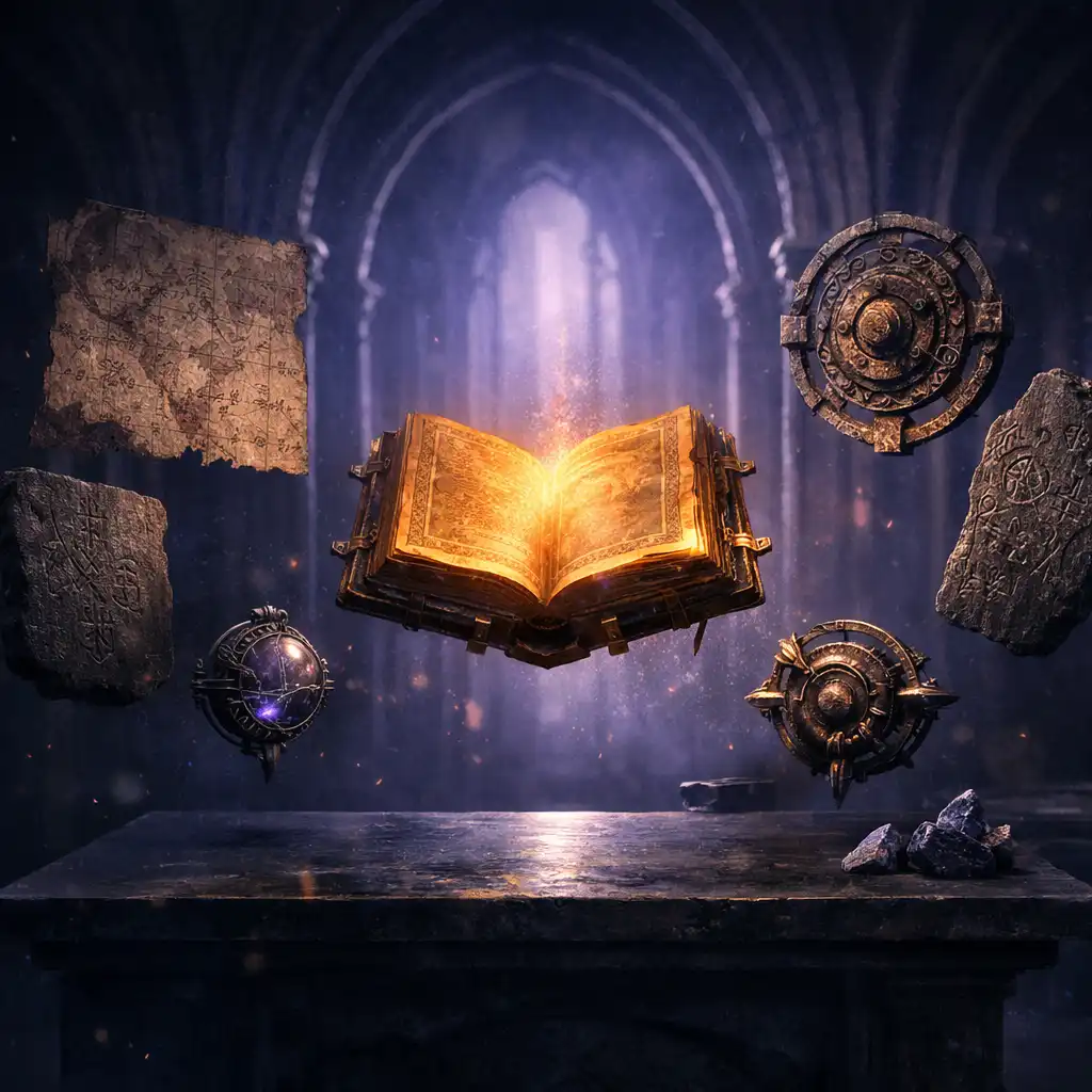 An amber-lit codex and suspended stone tablets in a deep archive.