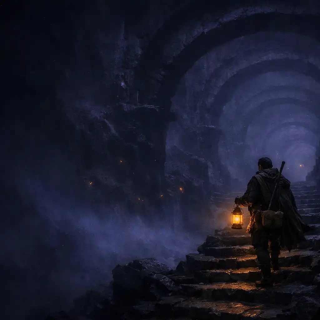 A traveler descending a basalt staircase into an indigo cavern.