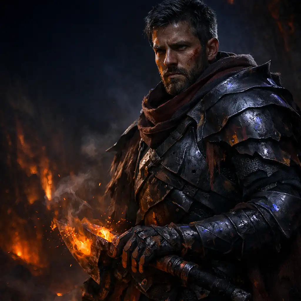 A battle-worn vanguard with an ember-lit weapon in a volcanic corridor.