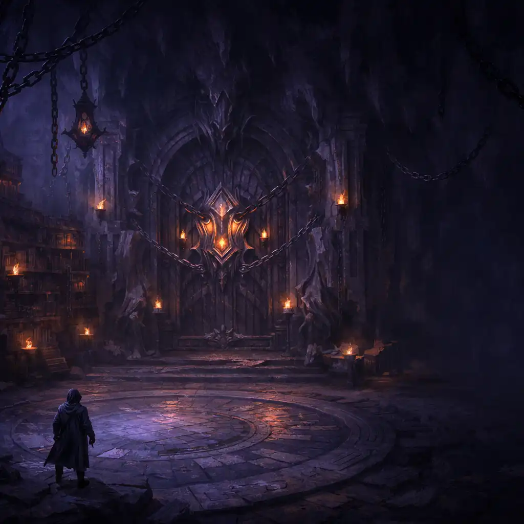 A sealed door and amber-lit runes within a vast underworld archive