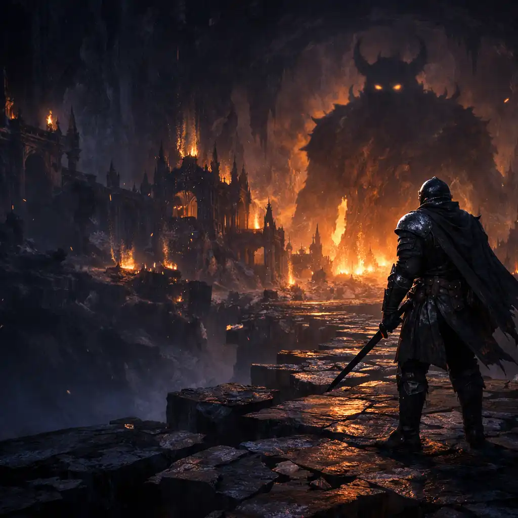 Armoured adventurer crossing a fractured bridge toward an underworld citadel