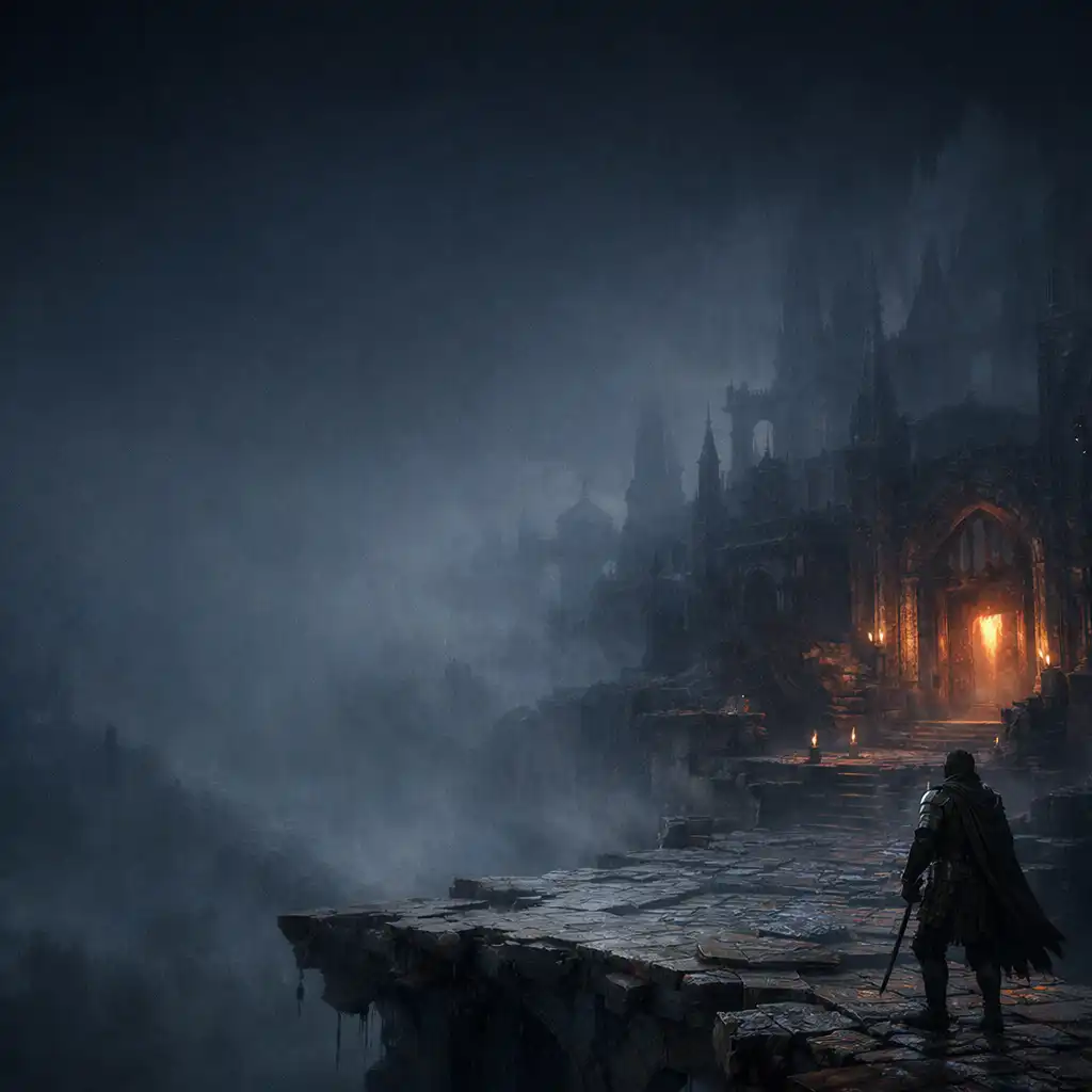 An armored wanderer facing an ember-lit gate across a ruined sanctum bridge.