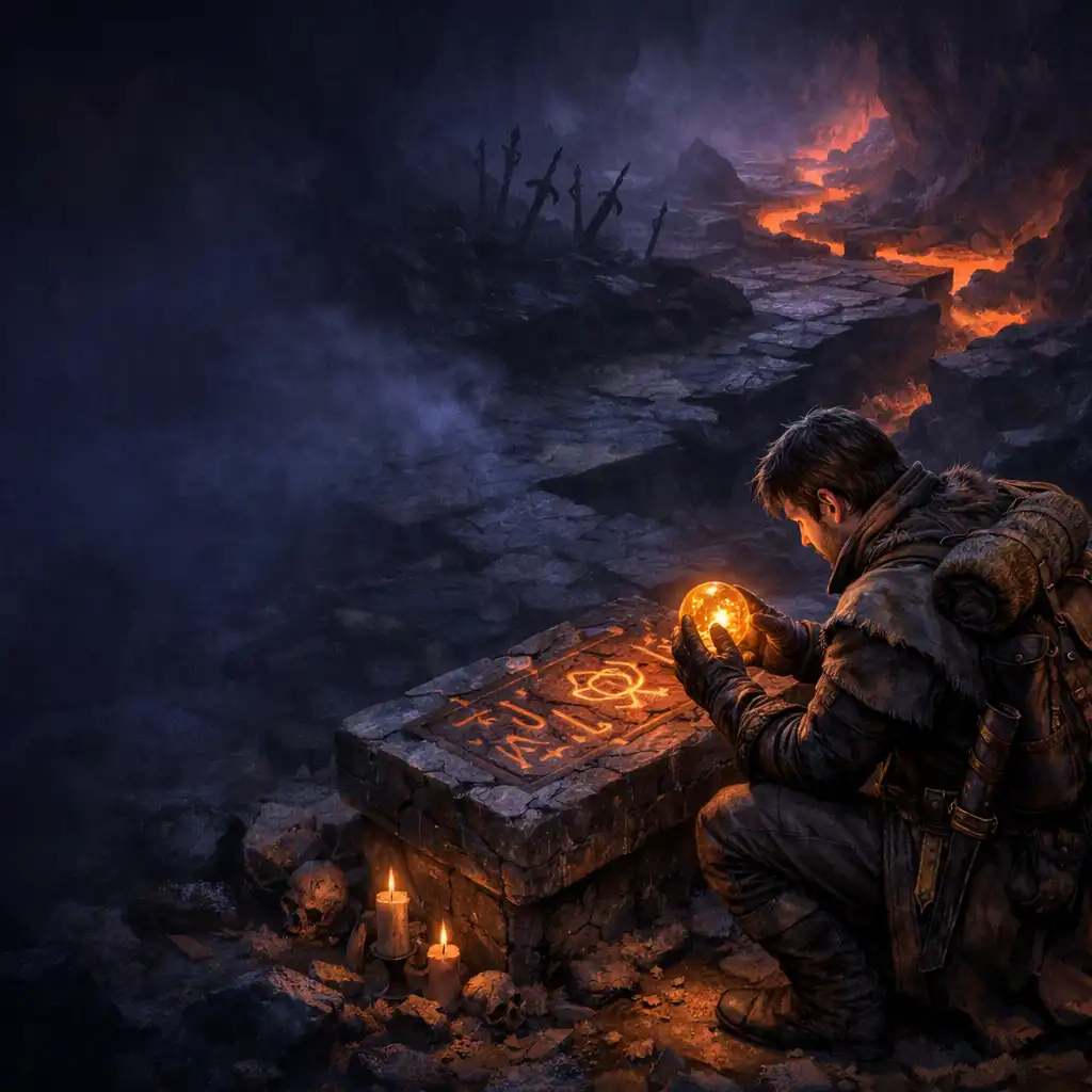 Explorer studying a glowing relic beside a rune-marked altar