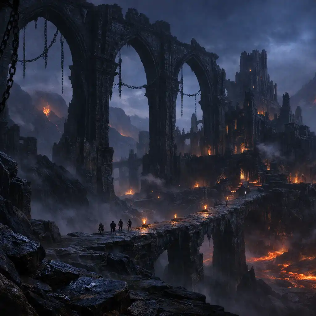 A rain-soaked volcanic citadel with dark arches and a distant causeway