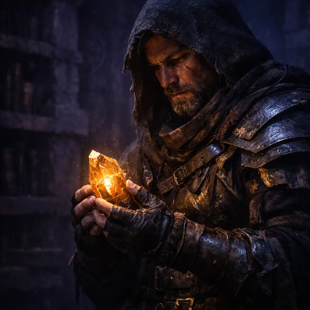 A rune hunter examining an amber relic in a subterranean archive
