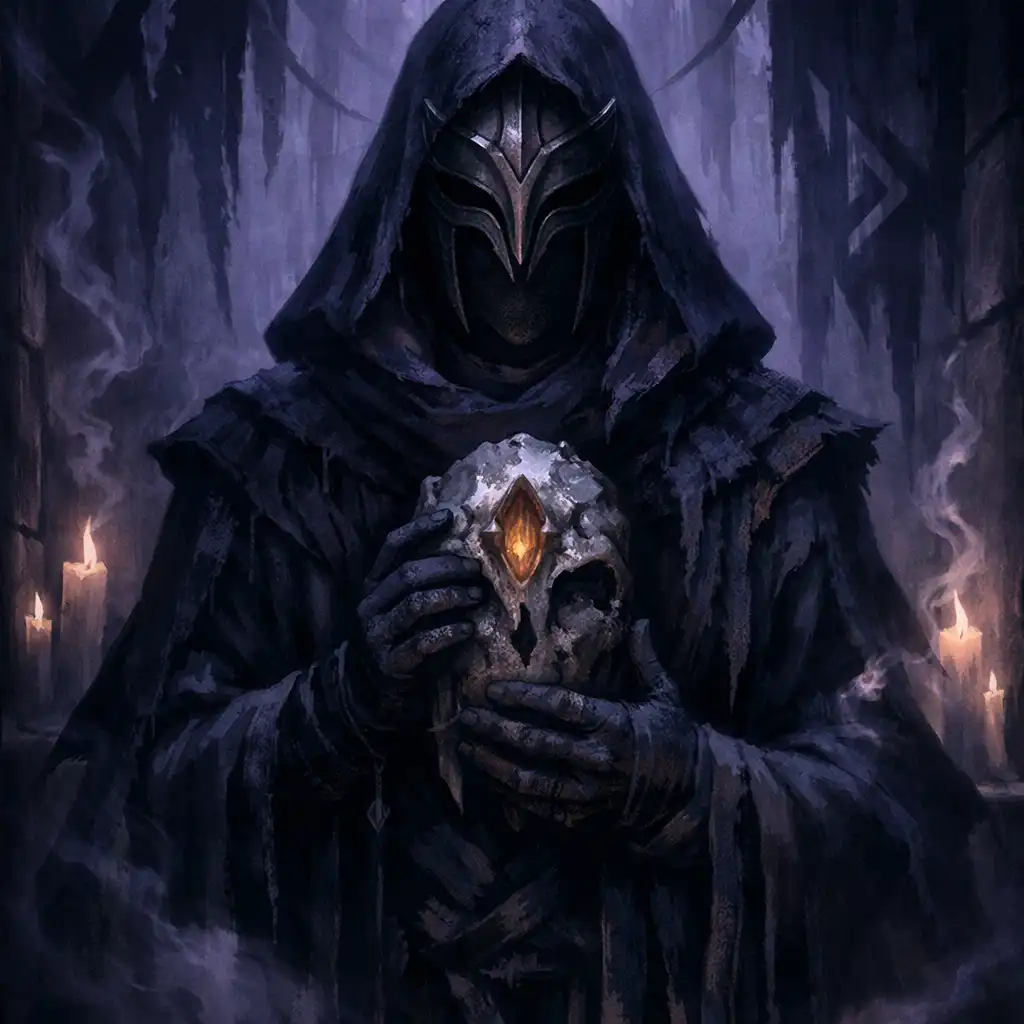 A masked seer holding a weathered relic in a violet-lit shrine