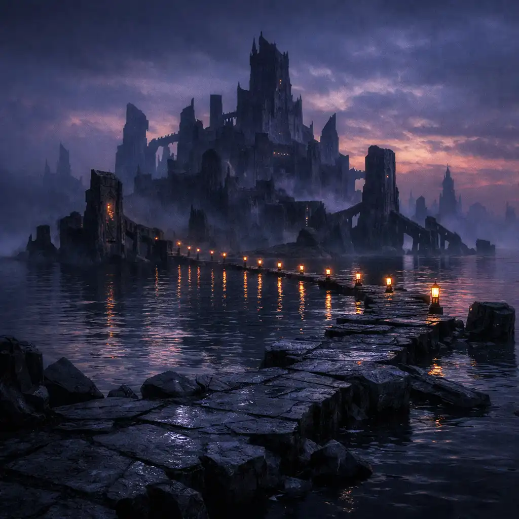 A drowned citadel rising above black water and a broken causeway