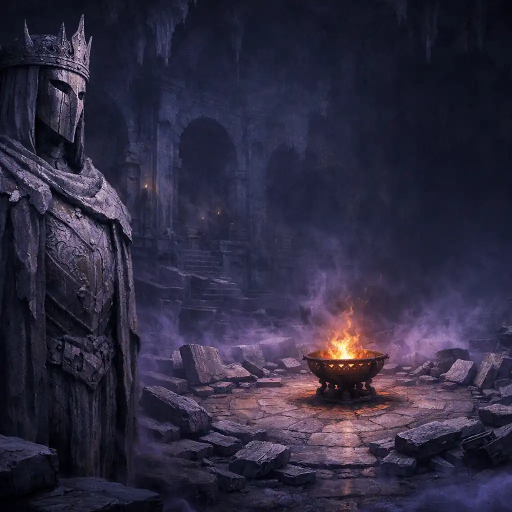 Masked stone sovereign statue in a violet subterranean archive