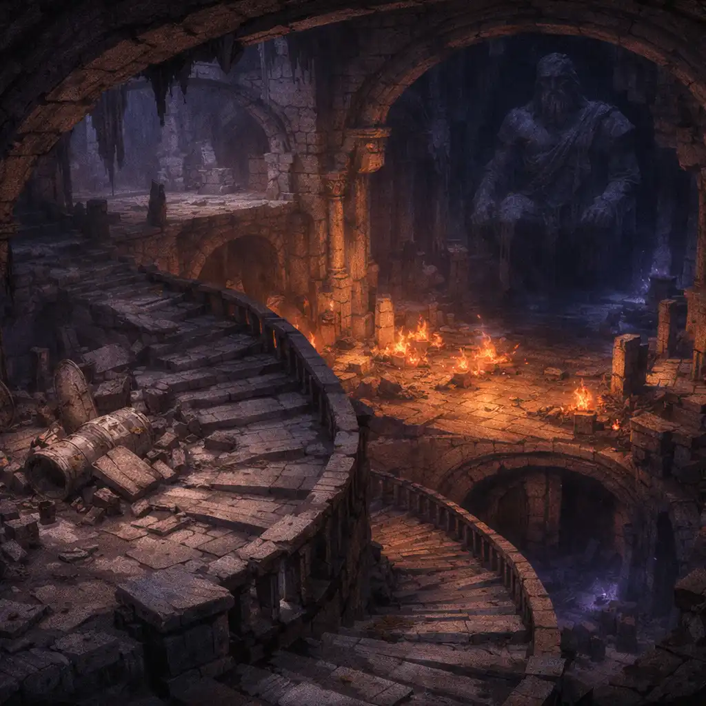 A stair descending through three ruined subterranean chambers