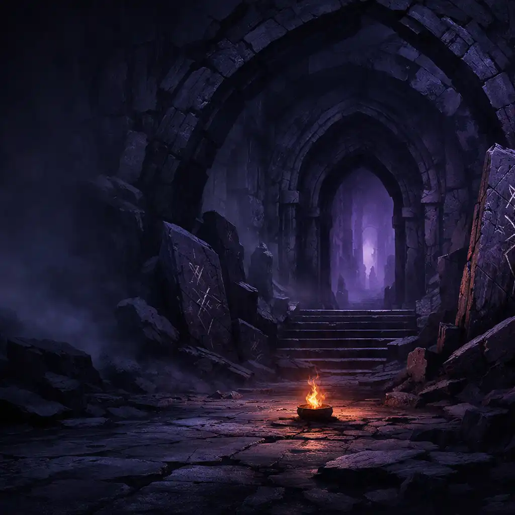 Broken basalt arches and rune slabs leading toward a violet-lit buried vault