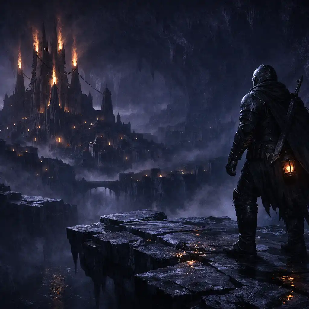 An armored explorer on a basalt bridge looking toward an underworld citadel