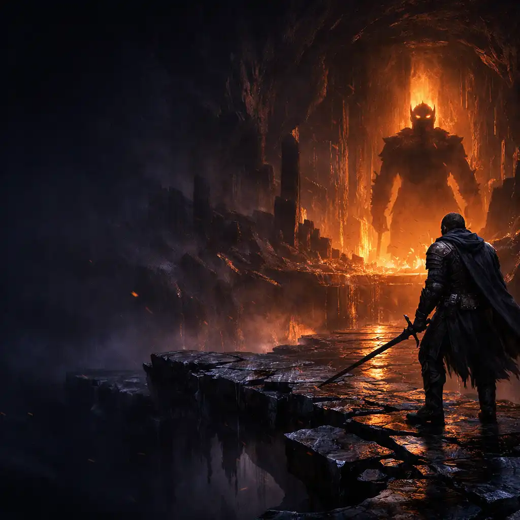 Armoured wanderer on an obsidian bridge above a violet underworld chamber