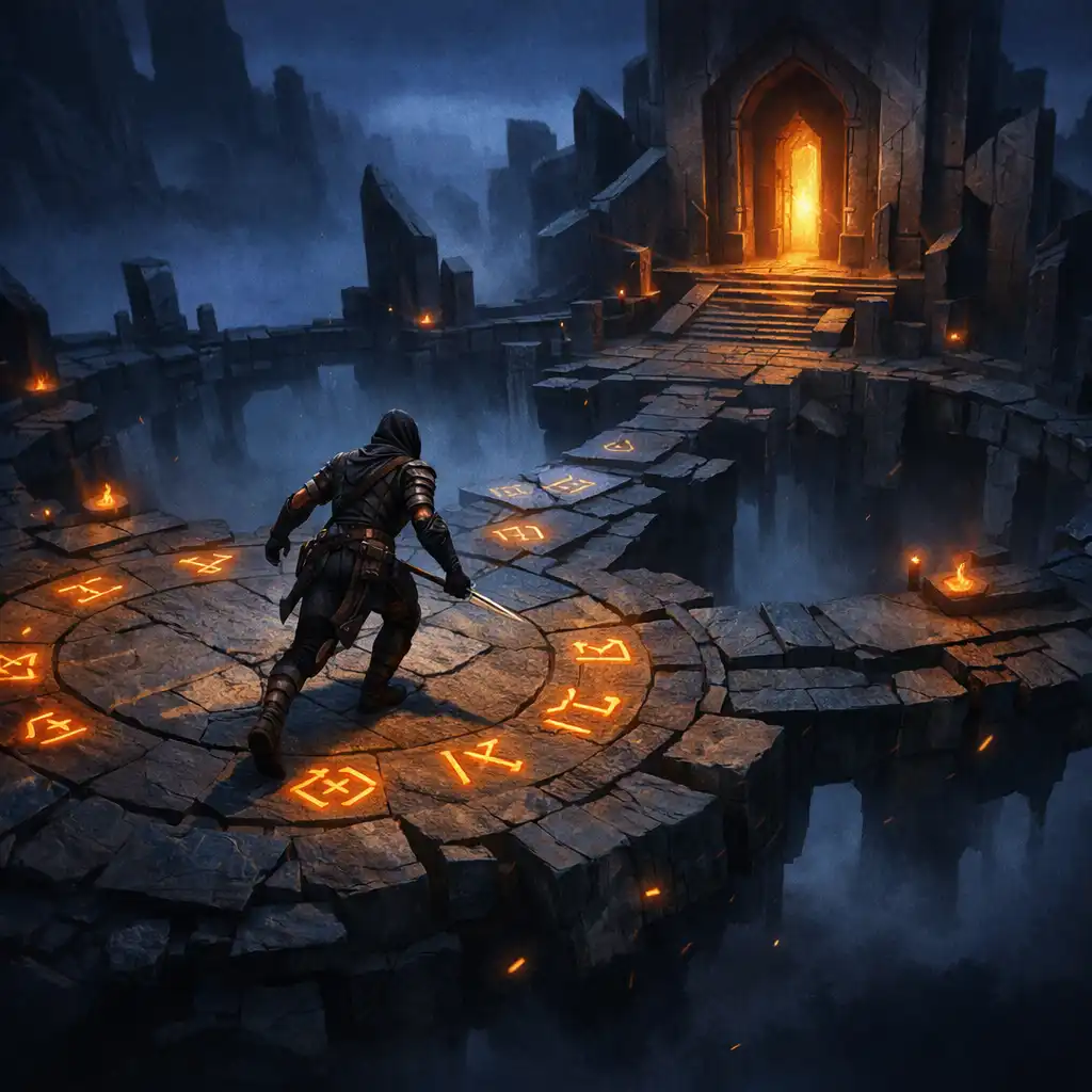 Fighter crossing a circular ruin through midnight fog