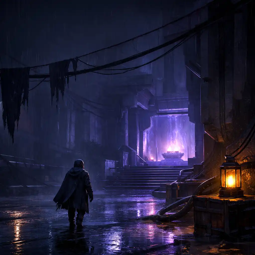 Cloaked explorer entering a rain-swept violet industrial shrine