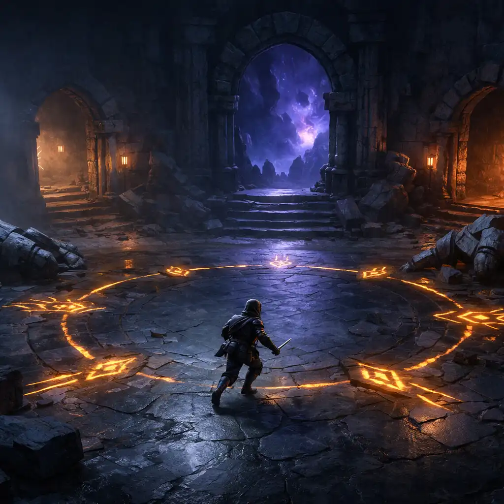 An agile adventurer crossing an obsidian arena with glowing rune paths and branching exits.