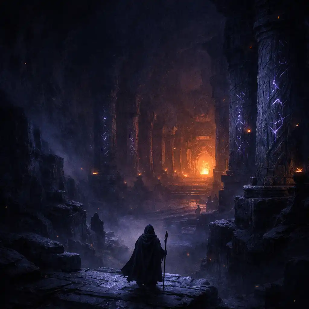 A cloaked figure entering a rune-lit underworld hall